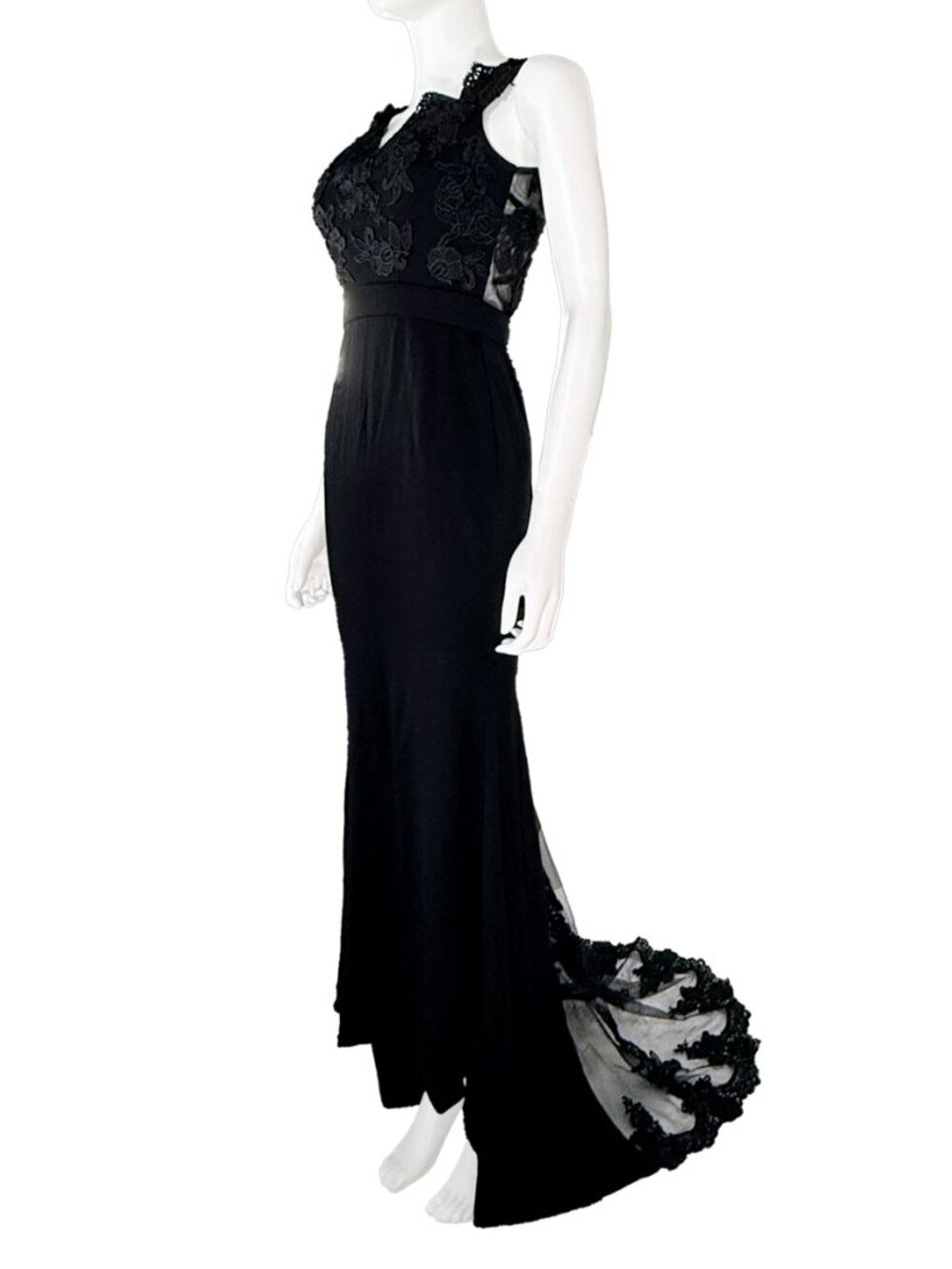 EUC Floral Lace Applique Black Evening Gown - Womens Size S/M Dress w/Train